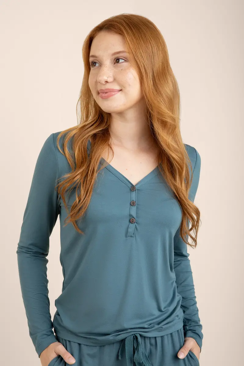 Women's Long Sleeve Henley Tee In Atlantic 1