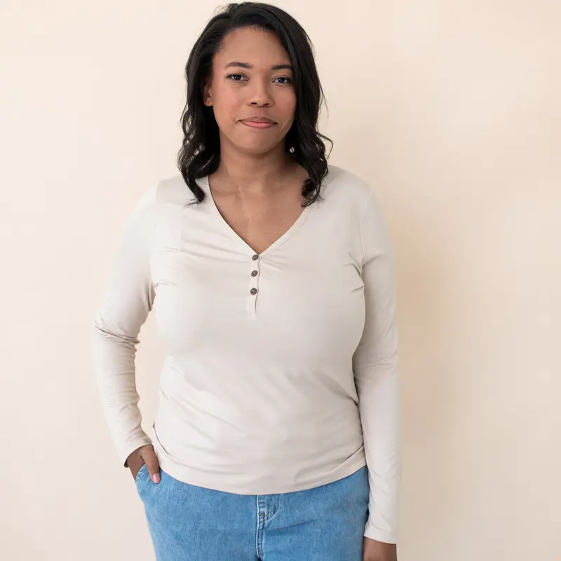 Women's Long Sleeve Henley Tee In Bisque 1