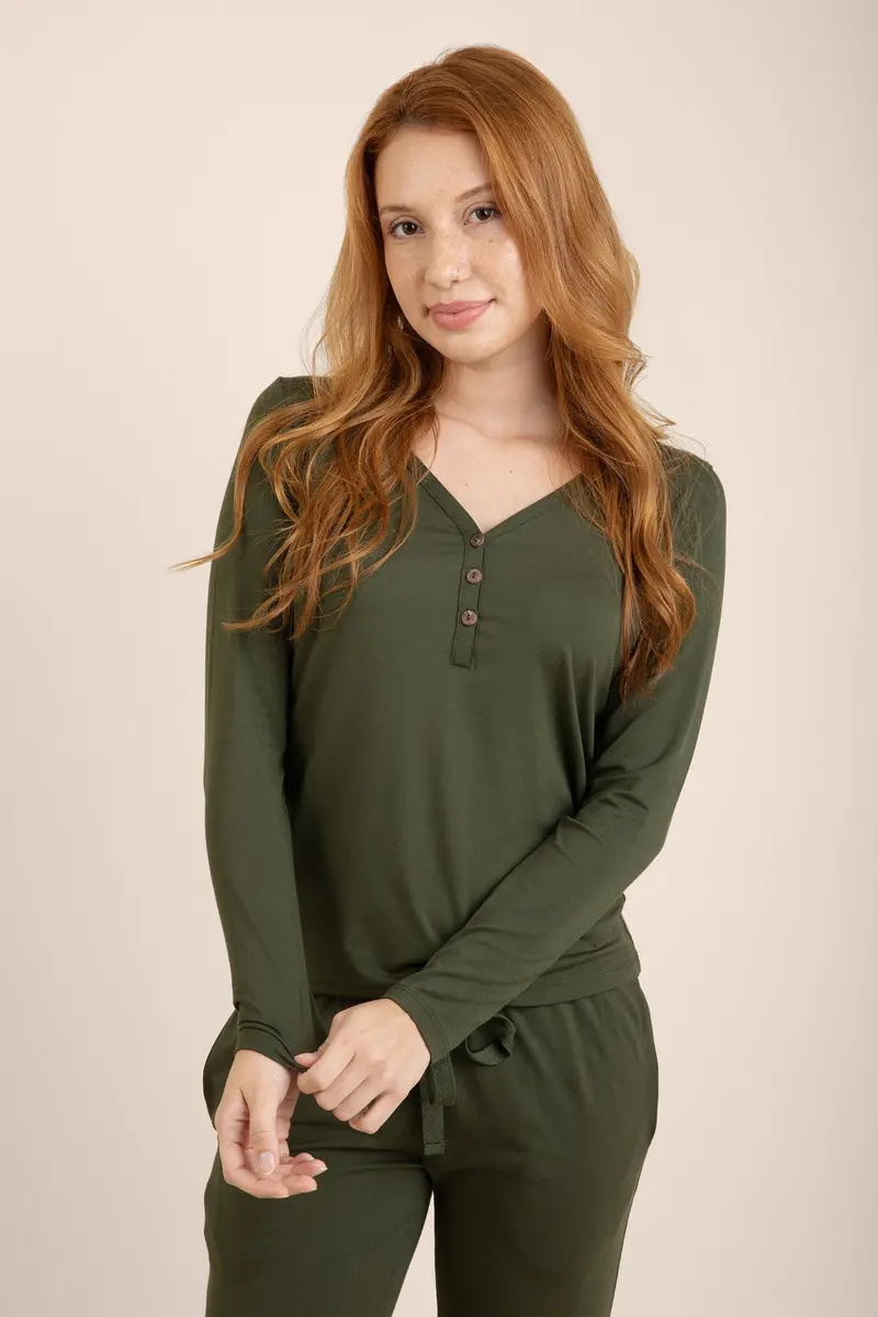 Women's Long Sleeve Henley Tee In Fir 1