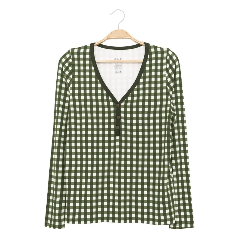 Women's Long Sleeve Henley Tee In Gingham Fir 1