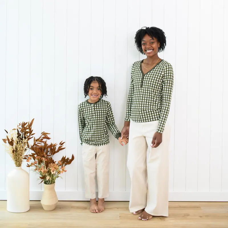 Women's Long Sleeve Henley Tee In Gingham Fir 2