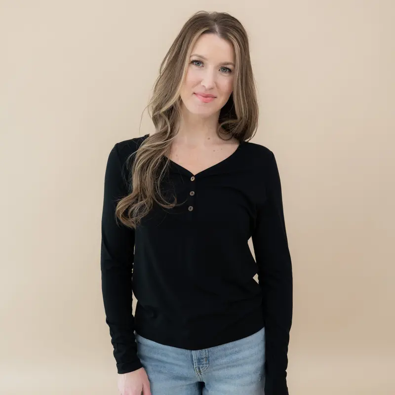 Women's Long Sleeve Henley Tee In Midnight 1