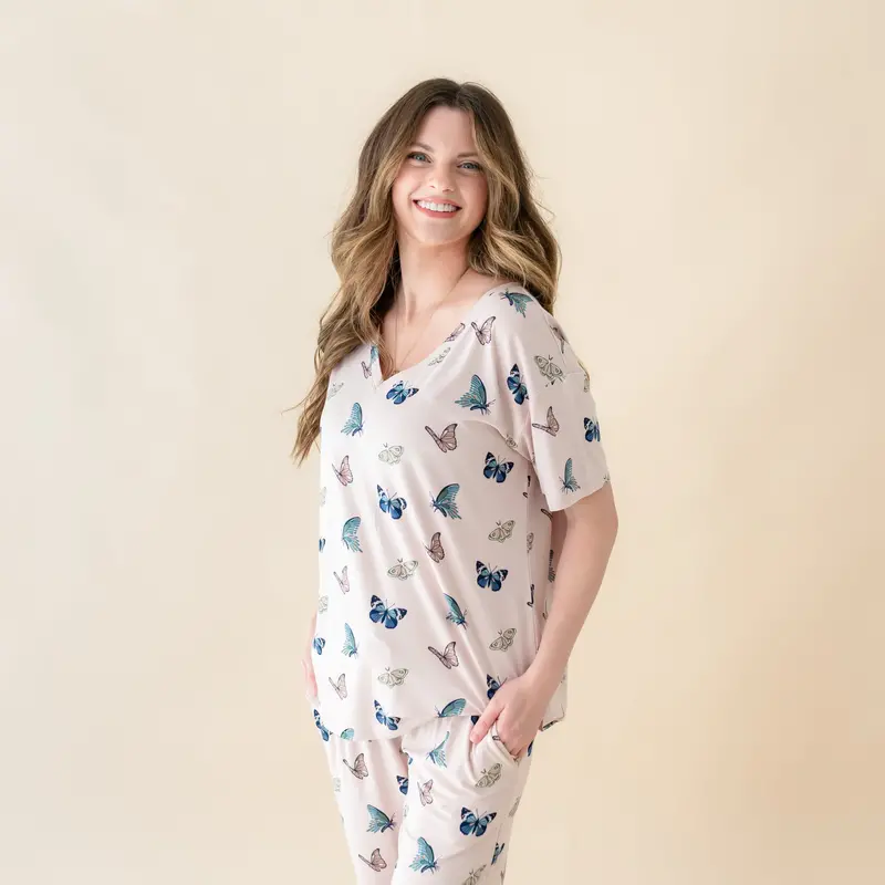 Women's Relaxed Fit V-Neck In Blush Butterfly 1