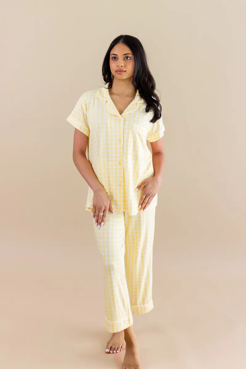 Women's Short Sleeve Cropped Pajama Set In Gingham Chamomile 1