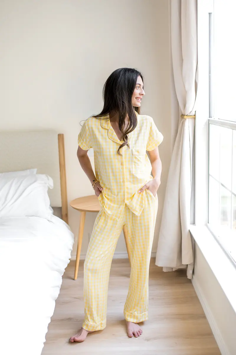 Women's Short Sleeve Cropped Pajama Set In Gingham Chamomile 5
