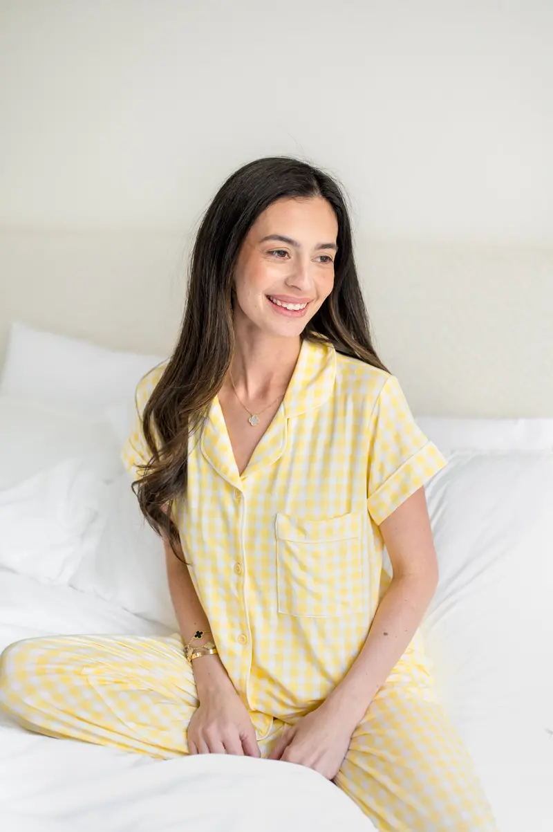 Women's Short Sleeve Cropped Pajama Set In Gingham Chamomile 6