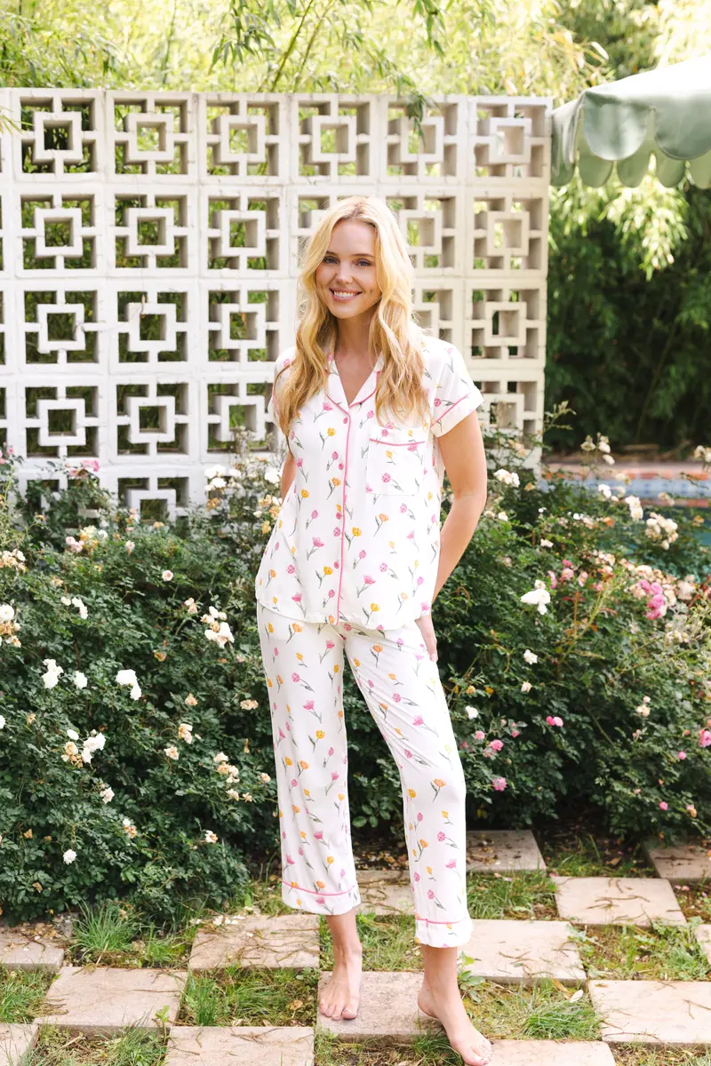 Women's Short Sleeve Cropped Pajama Set In Tulip 1