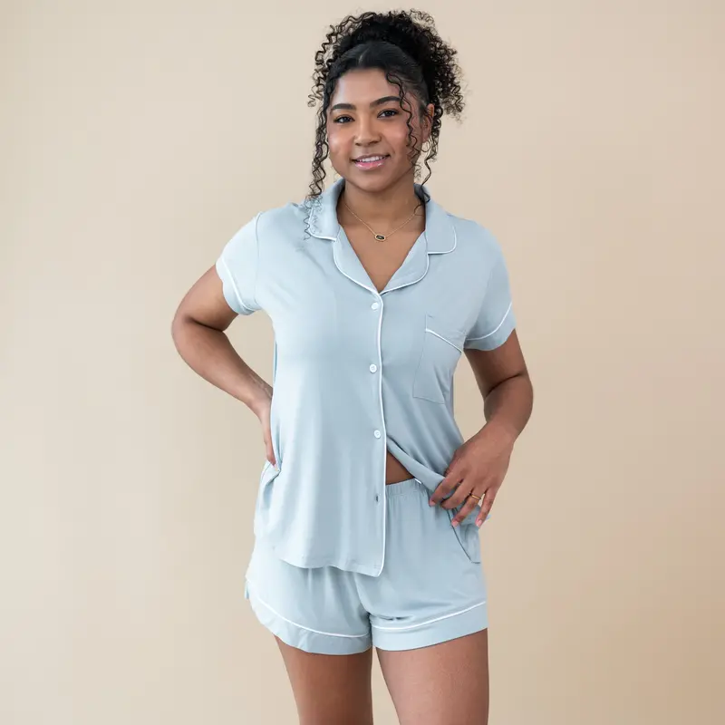 Women’S Short Sleeve Pajama Set In Fog With Cloud Trim 1