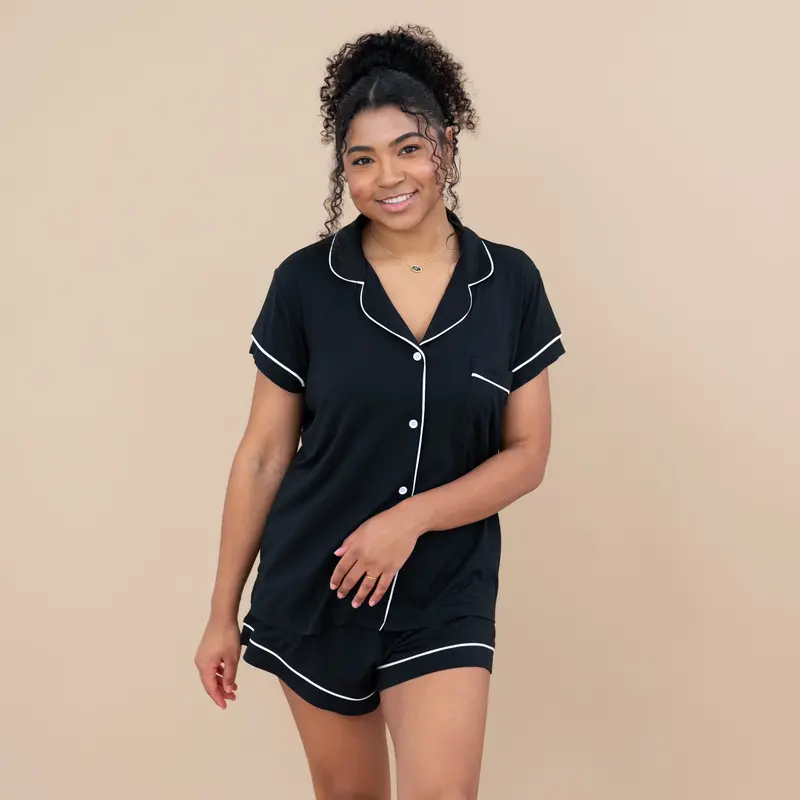 Women’S Short Sleeve Pajama Set In Midnight With Cloud Trim 1