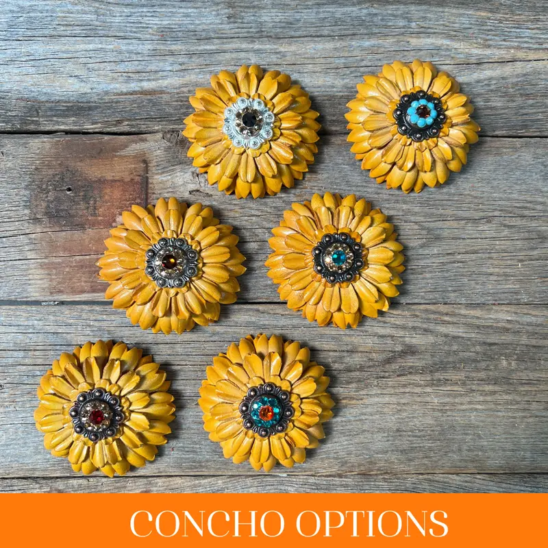 Yellow Daisy Leather Flowers - 1" Crystal Conchos - Options 1