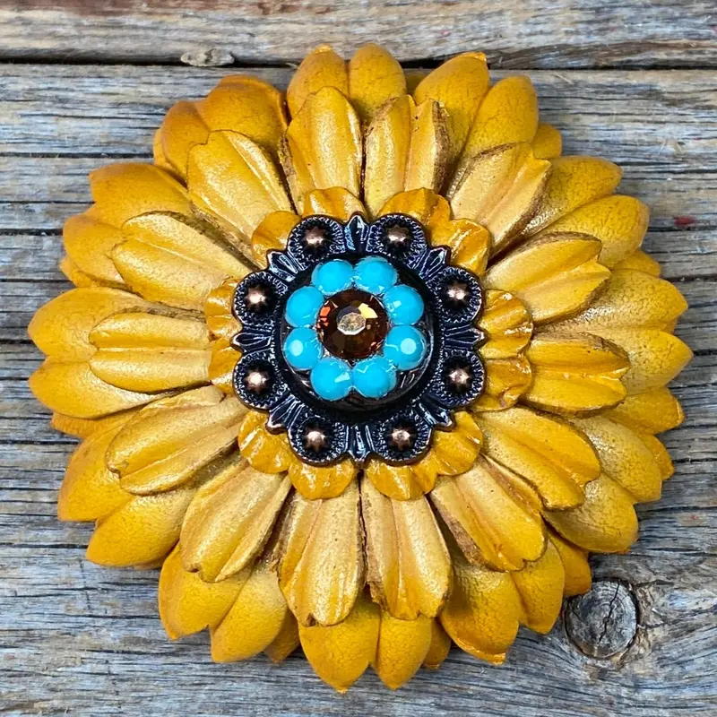 Yellow Daisy Leather Flowers - 1" Crystal Conchos - Options 3