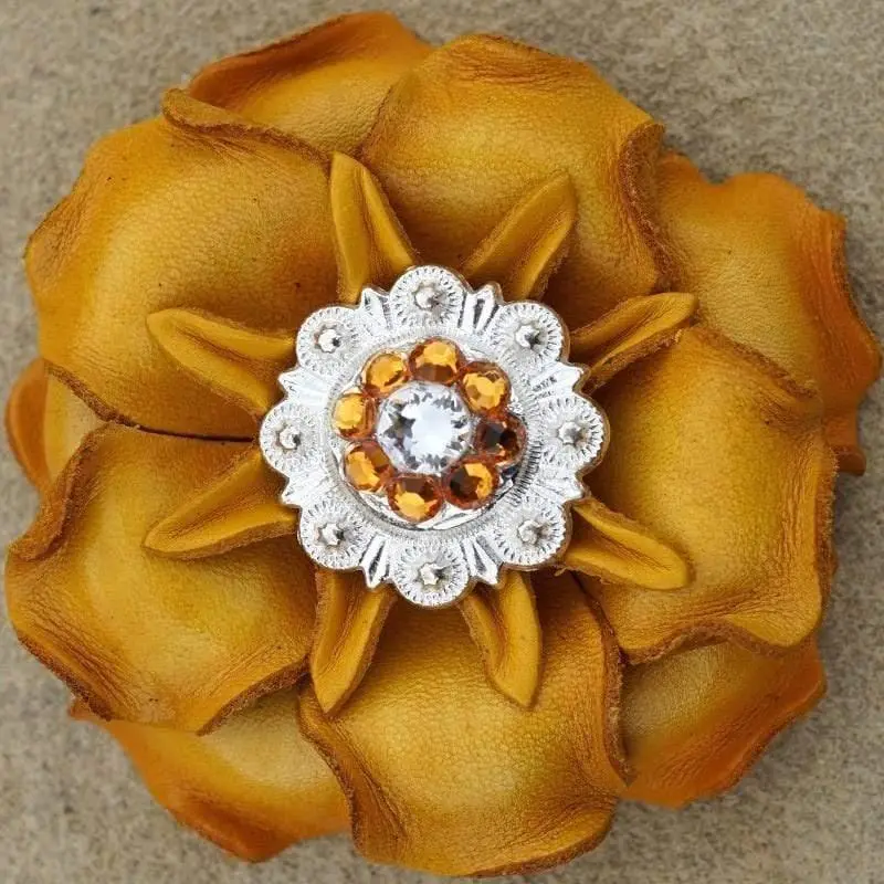 Yellow Gardenia Flower With Bright Silver Golden & Clear 1" Concho 1