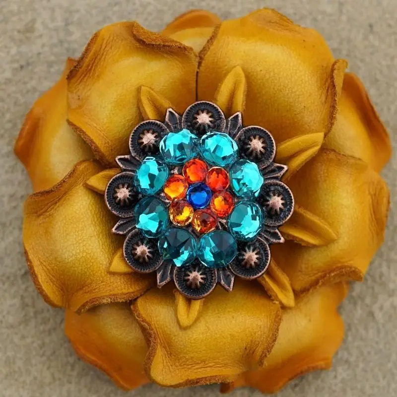 Yellow Gardenia Flower With Copper Capri, Fire Opal & Teal 1.25" Concho 1