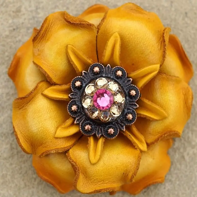 Yellow Gardenia Flower With Copper Pink & Champagne 1" Concho 1
