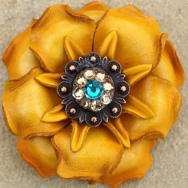Yellow Gardenia Flower With Copper Teal & Champagne 1" Concho 1