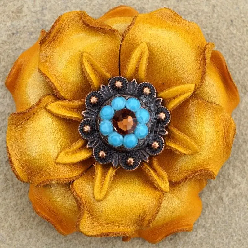 Yellow Gardenia Flower With Copper Topaz & Turquoise 1" Concho 1