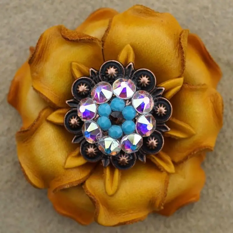Yellow Gardenia Flower With Copper Topaz, Turquoise & Ab 1.25" Concho 1