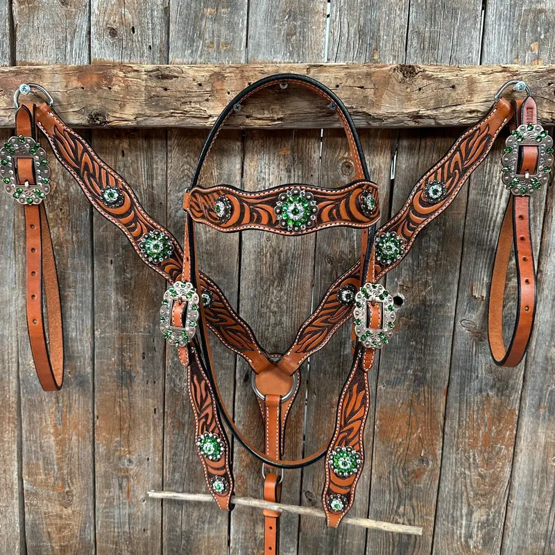 Zebra Green And Clear Browband / Breastcollar Tack Set #Bbbc574 1