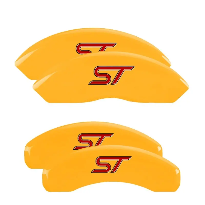 Mgp Engraved 4-Piston Caliper Covers – Front & Rear, Yellow Finish With Black Chrome Accents 1